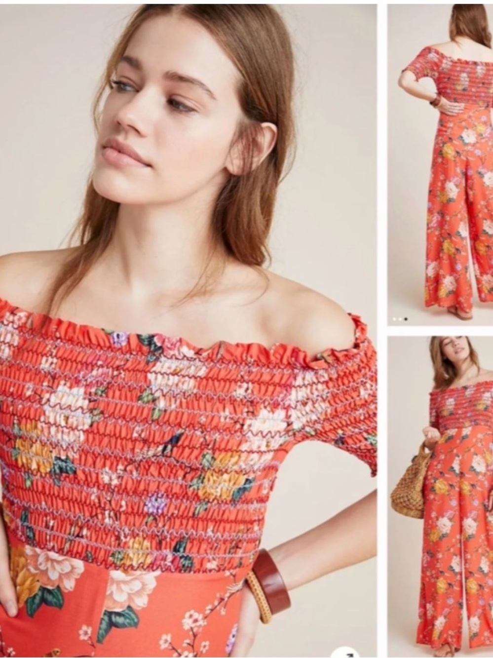 Farm Rio Paraiso Jumpsuit Off-The-Shoulder Smocked Coral Floral Romper size S